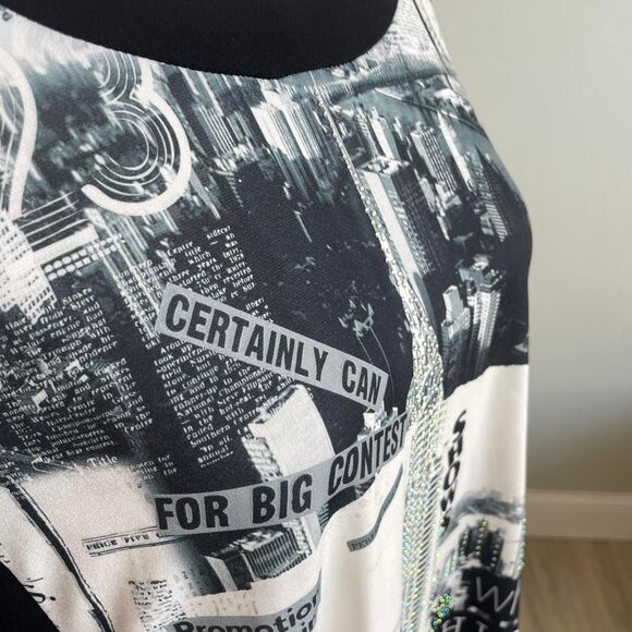 Y2K Newspaper Print Black & White Tunic Top McBling NYC Reputation Taylor Swift - Picture 2 of 8